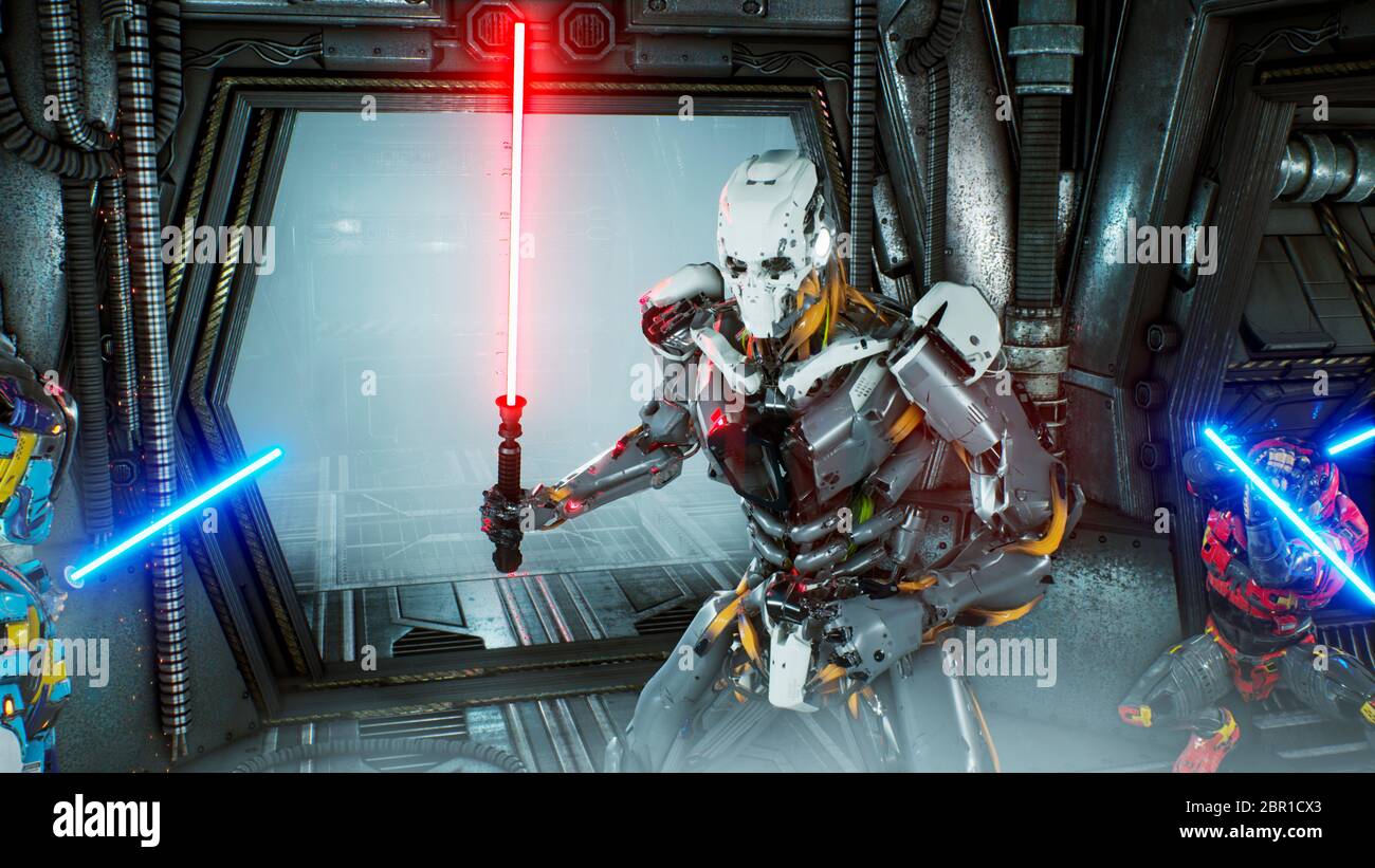 Astronauti con spade laser si nascose in un agguato su un invasore robot alieno sulla sua navicella spaziale. Concetto fantascientifico super realistico. Foto Stock