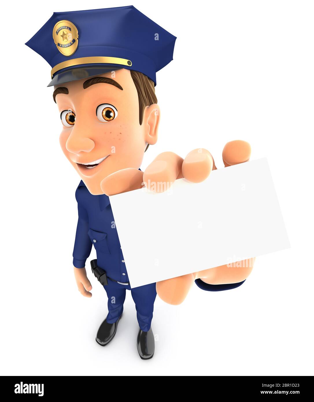 poliziotto 3d che detiene la scheda aziendale, illustrazione con sfondo bianco isolato Foto Stock