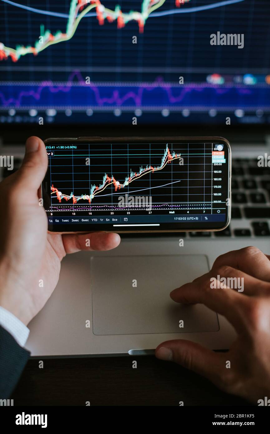 analisi del profitto del broker sul grafico commerciale con candelabri. Il profitto di negoziazione di azioni finanziarie utilizzando più dispositivi in ufficio. Foto Stock