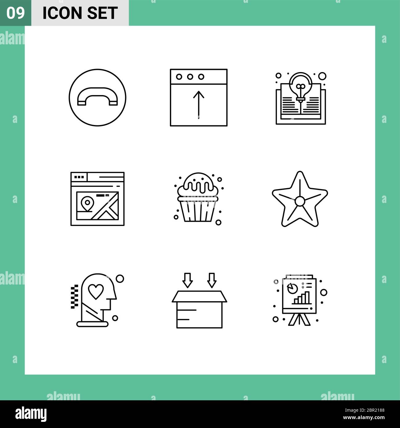 Moderno set di 9 contorni e simboli come cibo, cupcake, libro, mappa, pagina elementi di disegno vettoriale editabili Illustrazione Vettoriale