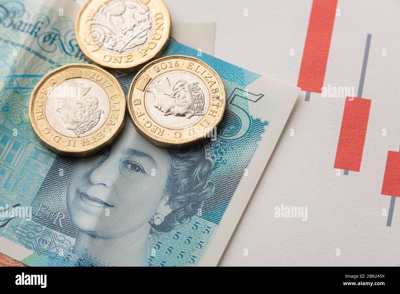 Monete e bollette da una libbra su una tabella di stock di candelabro giapponese Foto Stock
