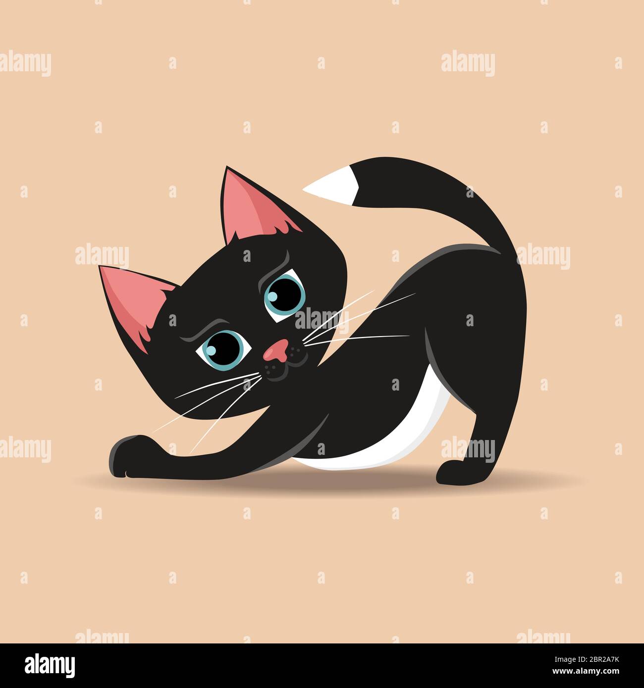 Gatto nero con occhi blu grandi isolati su sfondo beige. Carino kitten cartoon. Bel gatto piccolo. Animale domestico divertente. Illustrazione vettoriale. Illustrazione Vettoriale
