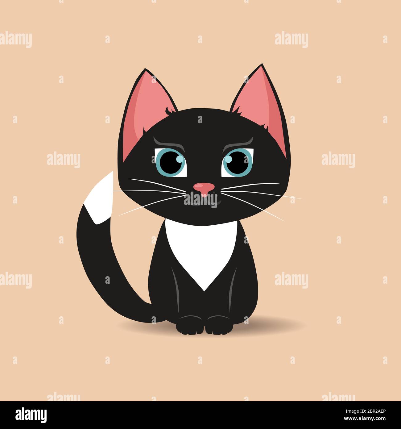 Gatto nero con occhi blu grandi isolati su sfondo beige. Carino kitten cartoon. Bel gatto piccolo. Animale domestico divertente. Illustrazione vettoriale. Illustrazione Vettoriale