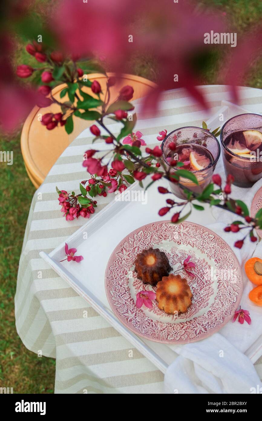 Colorato tavolo primaverile nel giardino sotto l'albero di mele granchio fiorito. Gustando canele e bevande Foto Stock