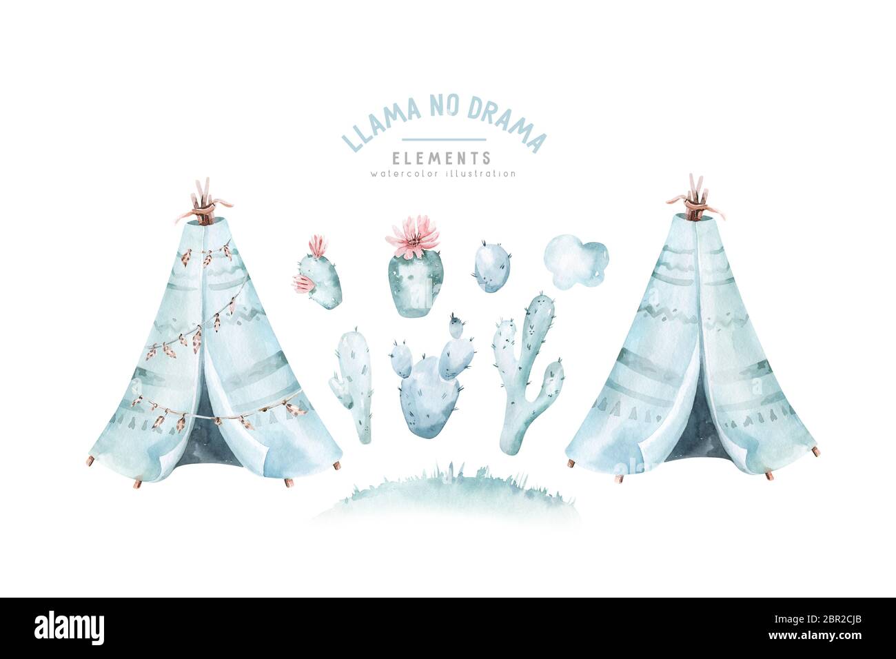 Acquerello insieme con elementi etnici messicani: cactus, teepee e wigwam tradizionale, Boho invito partito. Baby boy baby doccia. Ovest selvaggio Foto Stock