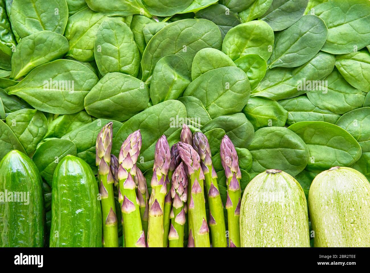 Verde verdure di fondo. Piatto di asparagi, spinaci, cetrioli e zucchine. Cibo sano e concetto dietetico. Spazio di copia per il testo Foto Stock