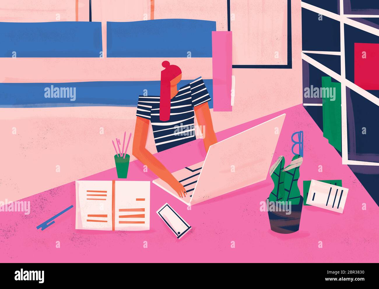 Lavoratore remoto che esegue il telelavoro in un ambiente di ufficio domestico. Lavoro da casa. Illustrazione concettuale colorata. Foto Stock