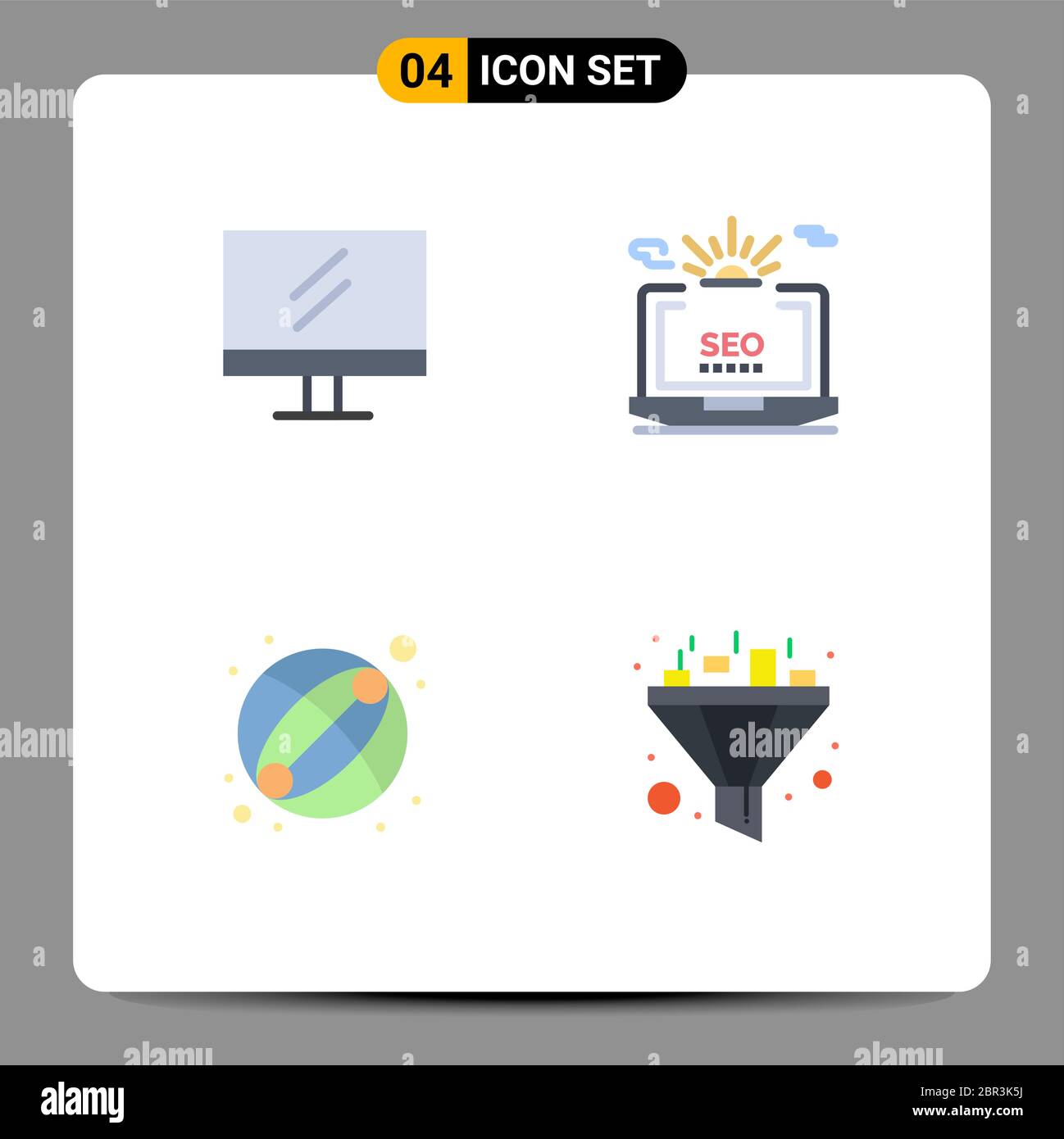 Gruppo di 4 icone piatte segni e simboli per monitor, palla, seo, configurazione, filtro elementi di disegno vettoriale modificabili Illustrazione Vettoriale