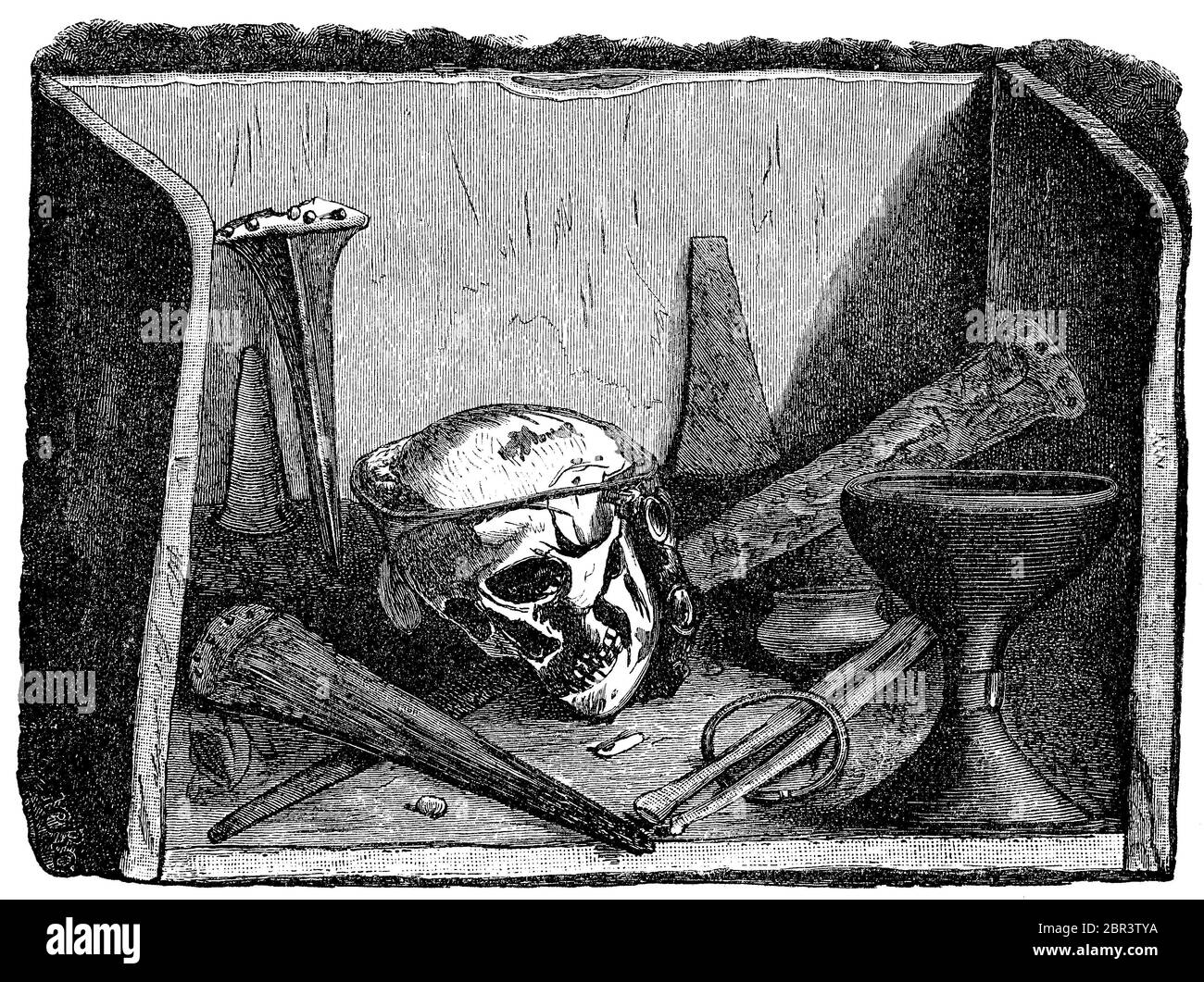 Tomba di pietra a scatola dell'età del bronzo, Spagna, cranio con un diadem di bronzo / Steinkistengrab aus der Bronzezeit, Spanien, Schädel mit bronzenem Diadem, Historisch, storico, digitale riproduzione migliorata di un originale del 19 ° secolo / digitale Reproduktion einer Originalvollage aus dem 19. Jahrhundert, Foto Stock