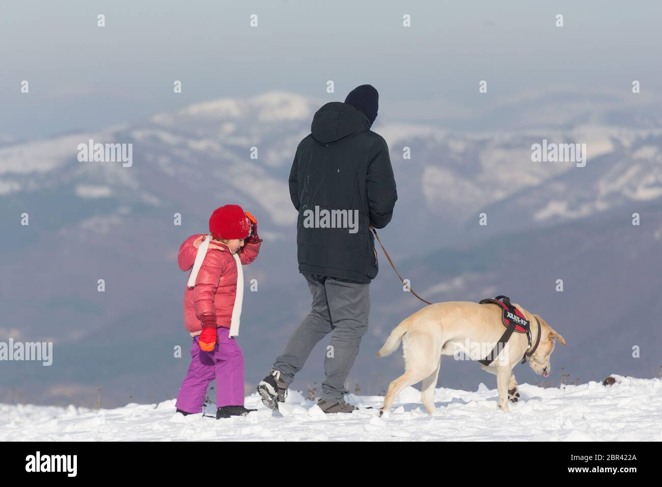 Padre e bambina con un cane nella neve sul Monte Subasio, Umbria, Italia Foto Stock