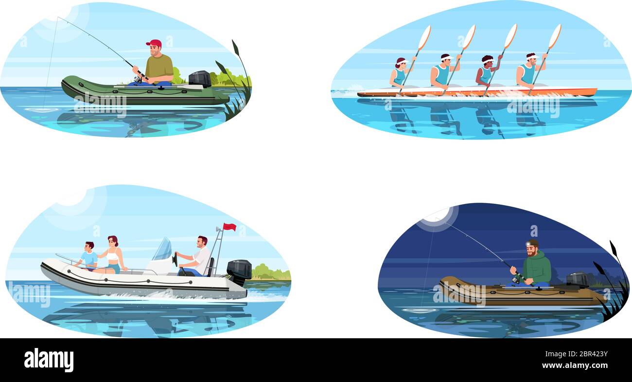 Tipi di imbarcazioni per attività semi-flat vettoriale set di illustrazioni Illustrazione Vettoriale