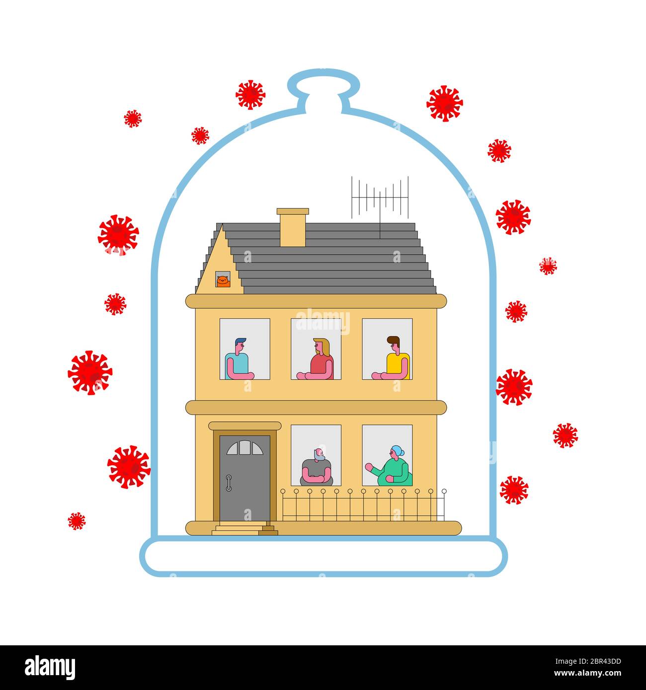 Casa sotto campana di vetro Coronavirus protezione. Isolamento automatico della quarantena. Virus COVID-19 circa Illustrazione Vettoriale