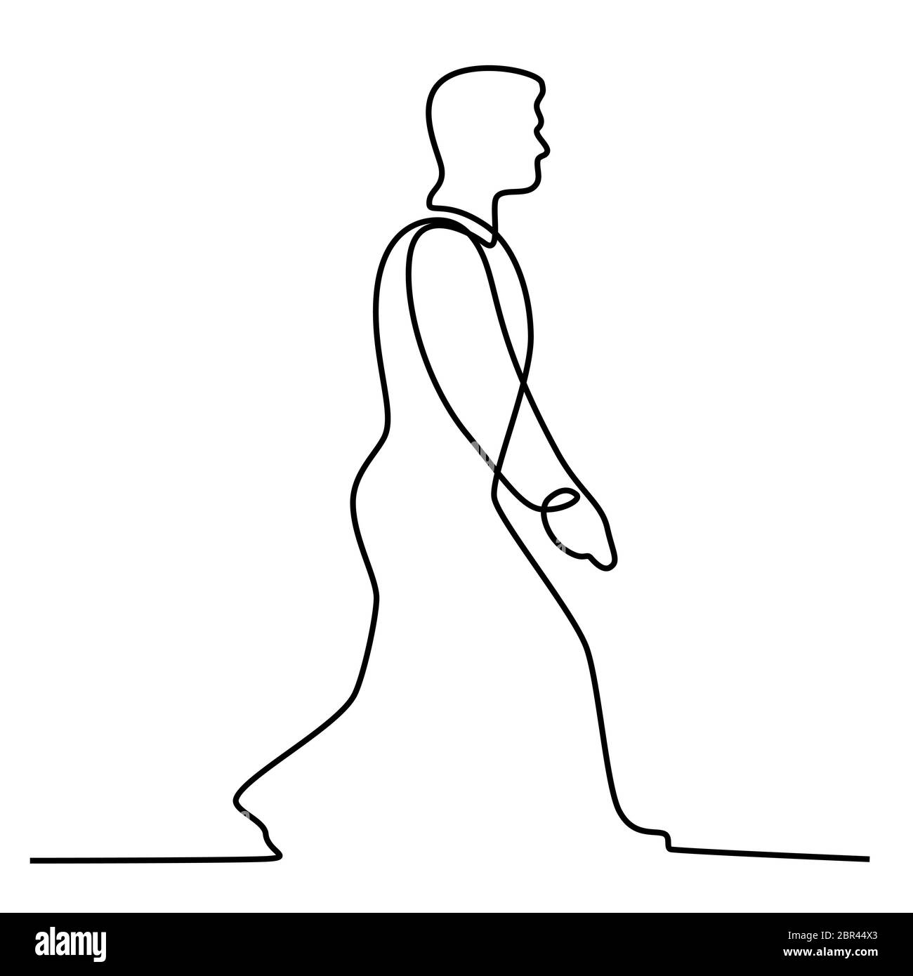 Linea continua illustrazione di imprenditore maschio man walking visto dal lato fatto in bianco e nero in stile monolinea. Foto Stock