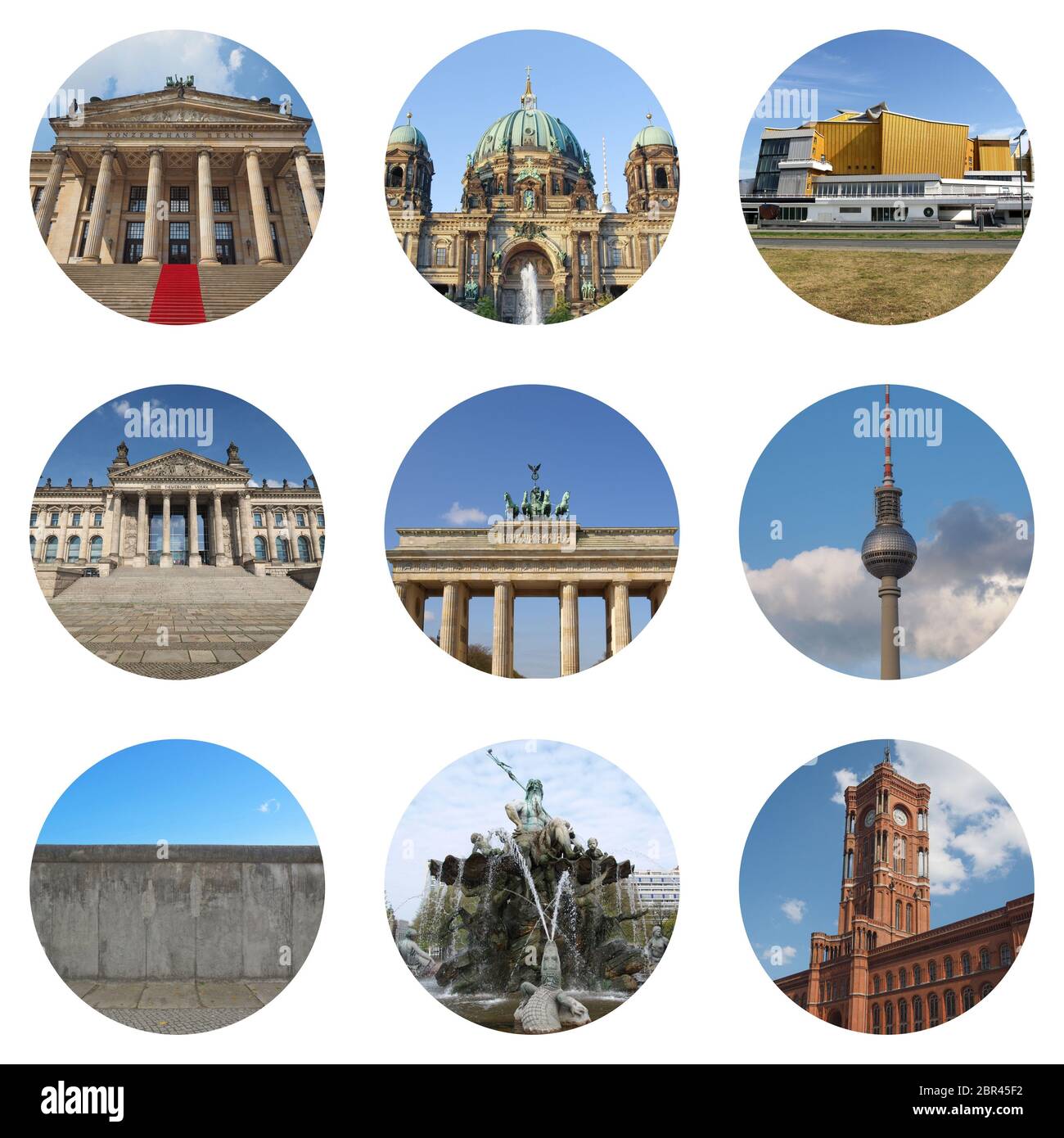 Attrazioni di Berlino collage con Konzert Haus, Dom (cattedrale), la Philharmonie e il Reichstag (Parlamento), Brandenburger Tor, Fernsehturm (torre della televisione), Foto Stock