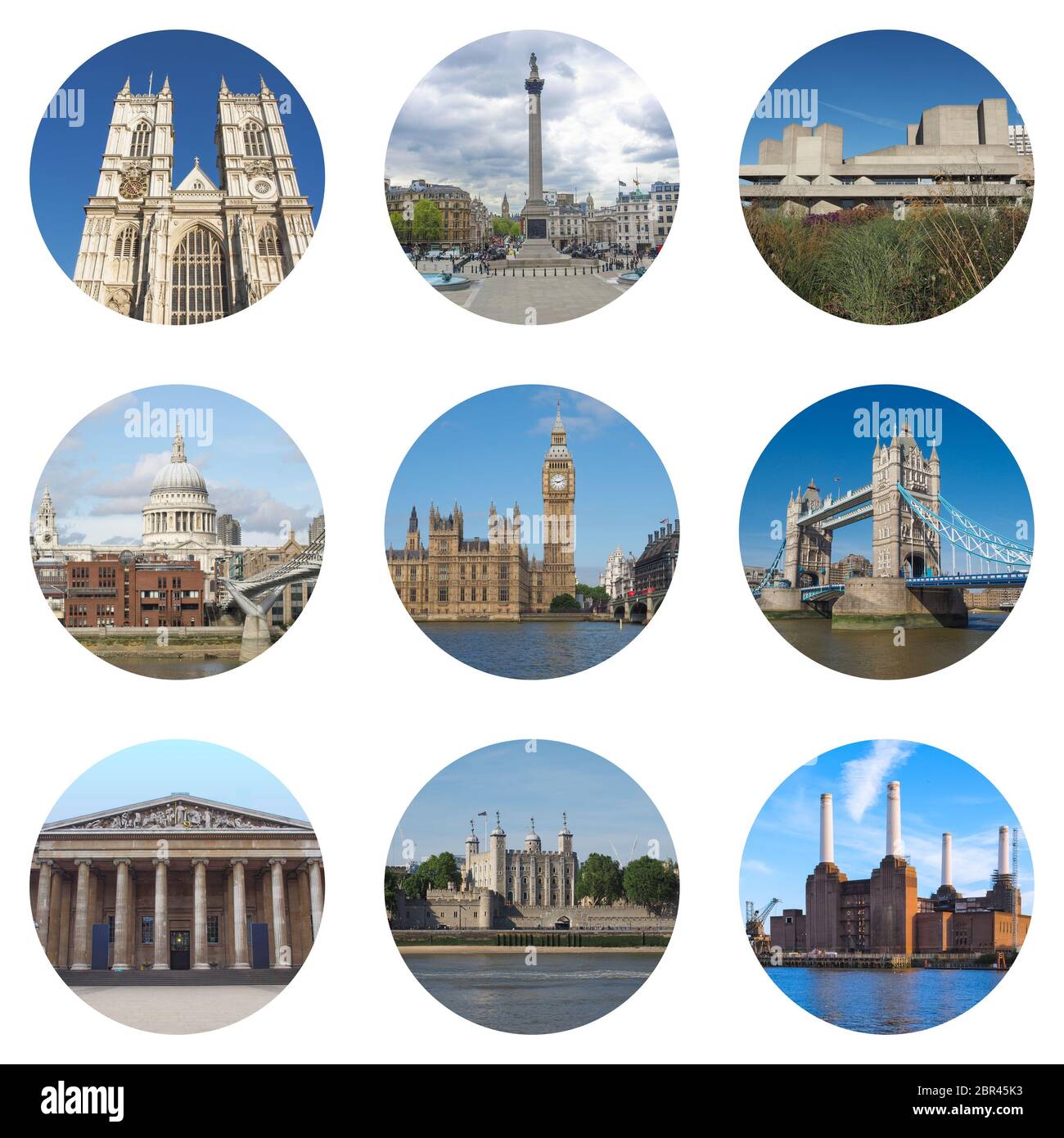 London collage con l'Abbazia di Westminster, Trafalgar Square, il Teatro Nazionale, Saint Paul Cathedral, la Casa del Parlamento, il Big Ben, Tower Bridge, Britis Foto Stock