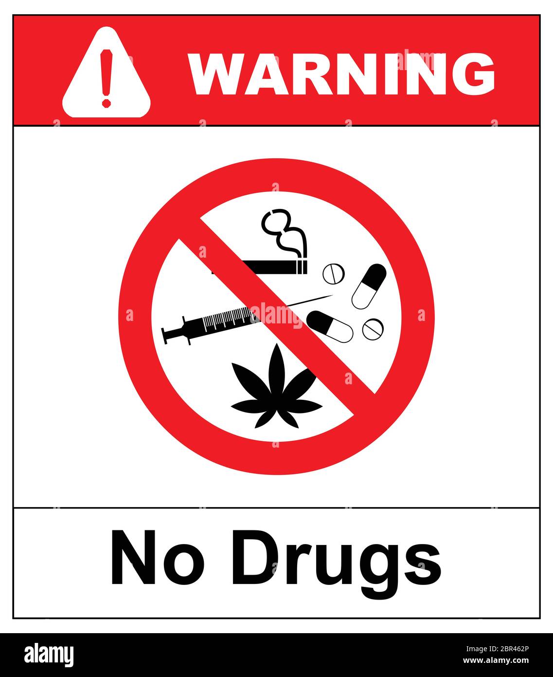Non sono ammessi farmaci. Non ci sono capsule, marijuana, cannabis, tabacco, cocaina e altre droghe. Simbolo rosso vietato. Illustrazione vettore non consentita isolata su Illustrazione Vettoriale
