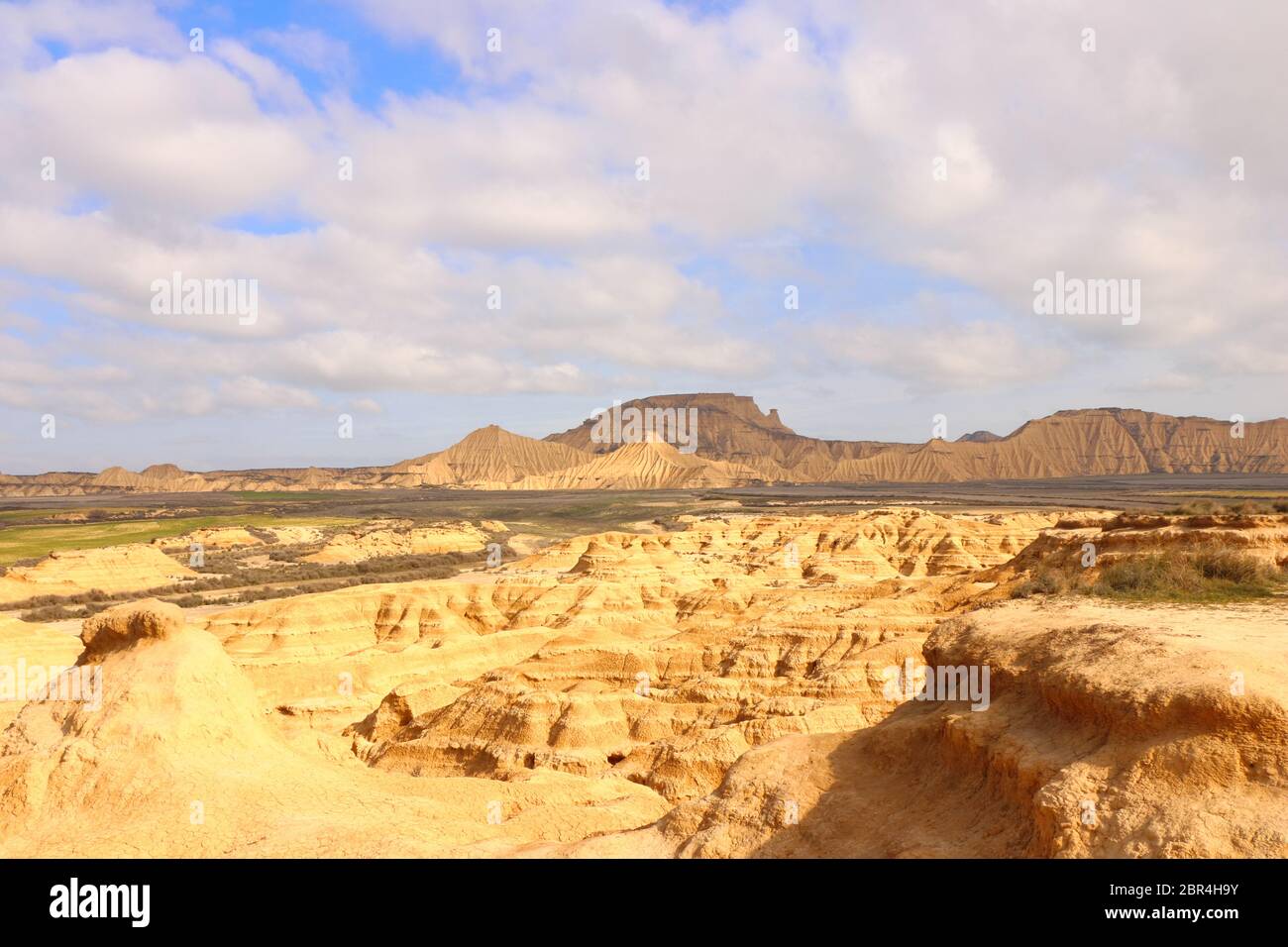 Vista panoramica verso le affascinanti forme di terra di Pisquerra e caratteristiche erosionali in primo piano nella regione semi-desertica naturale Bardenas Reales Foto Stock