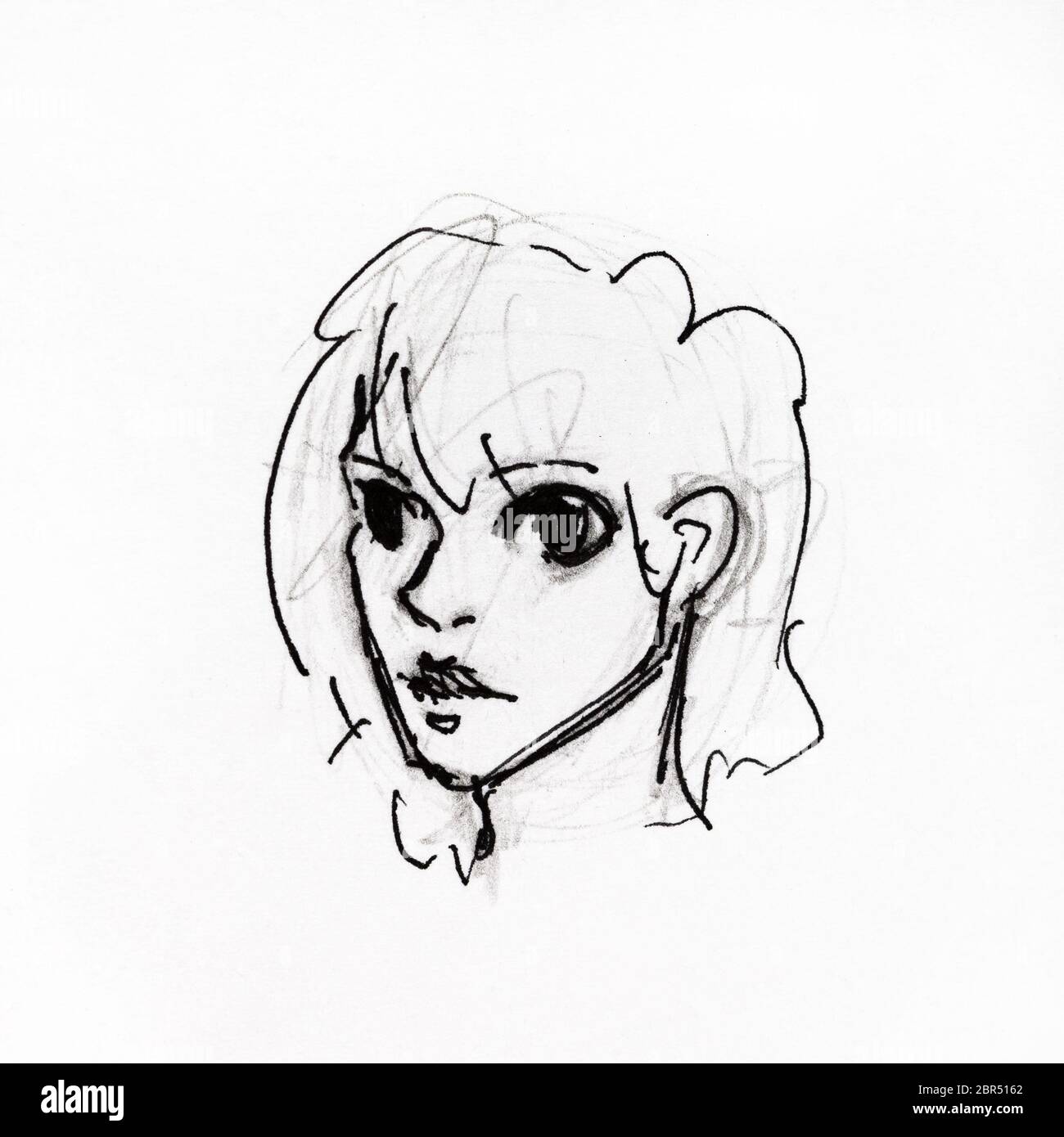 Ritratto di giovane donna con grandi occhi disegnati a mano da nero a matita e inchiostro su carta bianca Foto Stock