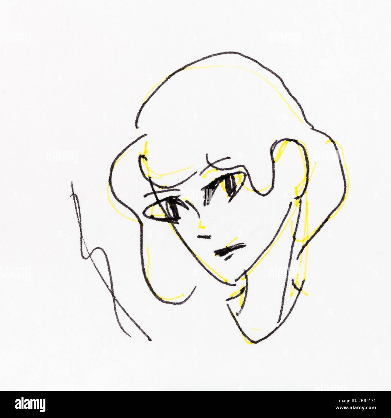 Schizzo della testa della ragazza attento disegnati a mano dalla matita gialla e inchiostro nero su carta bianca Foto Stock
