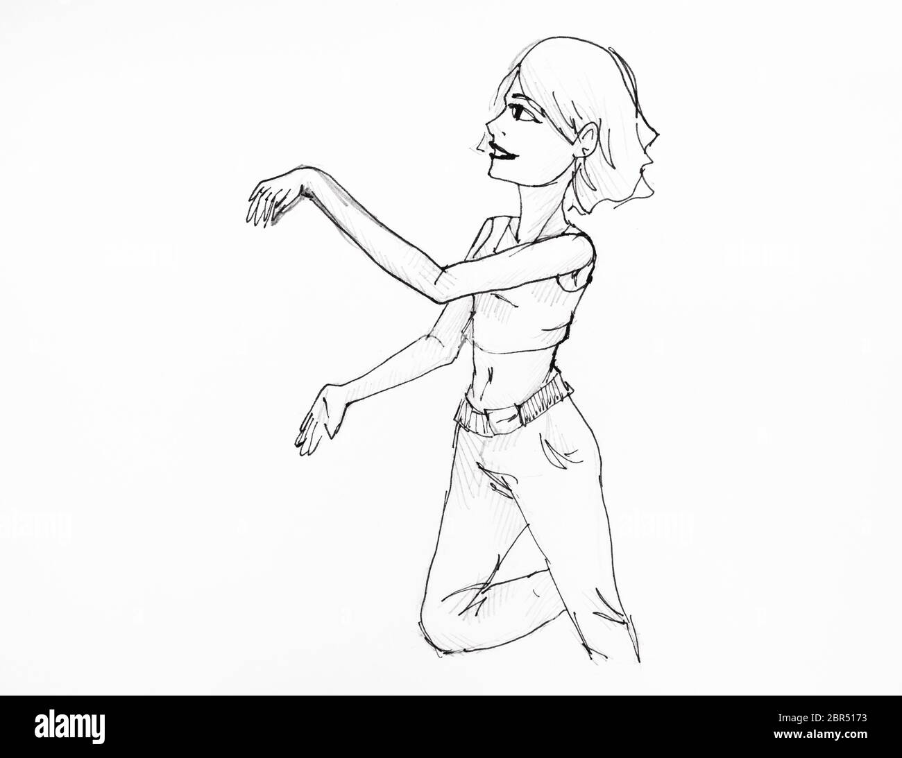 Ritratto di un dancing girl in jeans e top disegnati a mano con inchiostro  nero su carta bianca Foto stock - Alamy