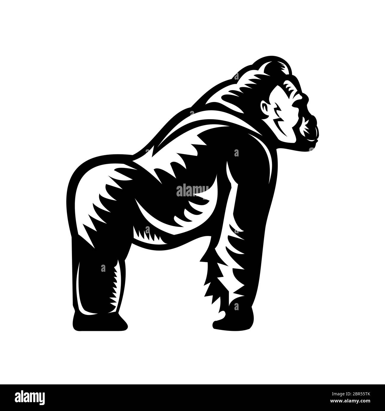 Retrò stile xilografia illustrazione di un Gorilla Silverback appoggiata sulle nocche visto dal lato su sfondo isolato fatto in bianco e nero. Foto Stock