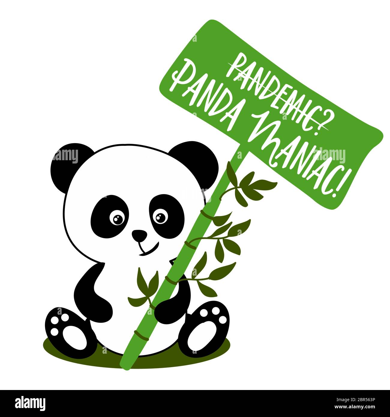 Pandemia? Non, Panda maniaco! - adorabile orso panda seduto con tavolo di bambù con testo. Pun, umorismo, scherzo. Il cartone animato Panda ha dimostrato contro Coronavi Illustrazione Vettoriale