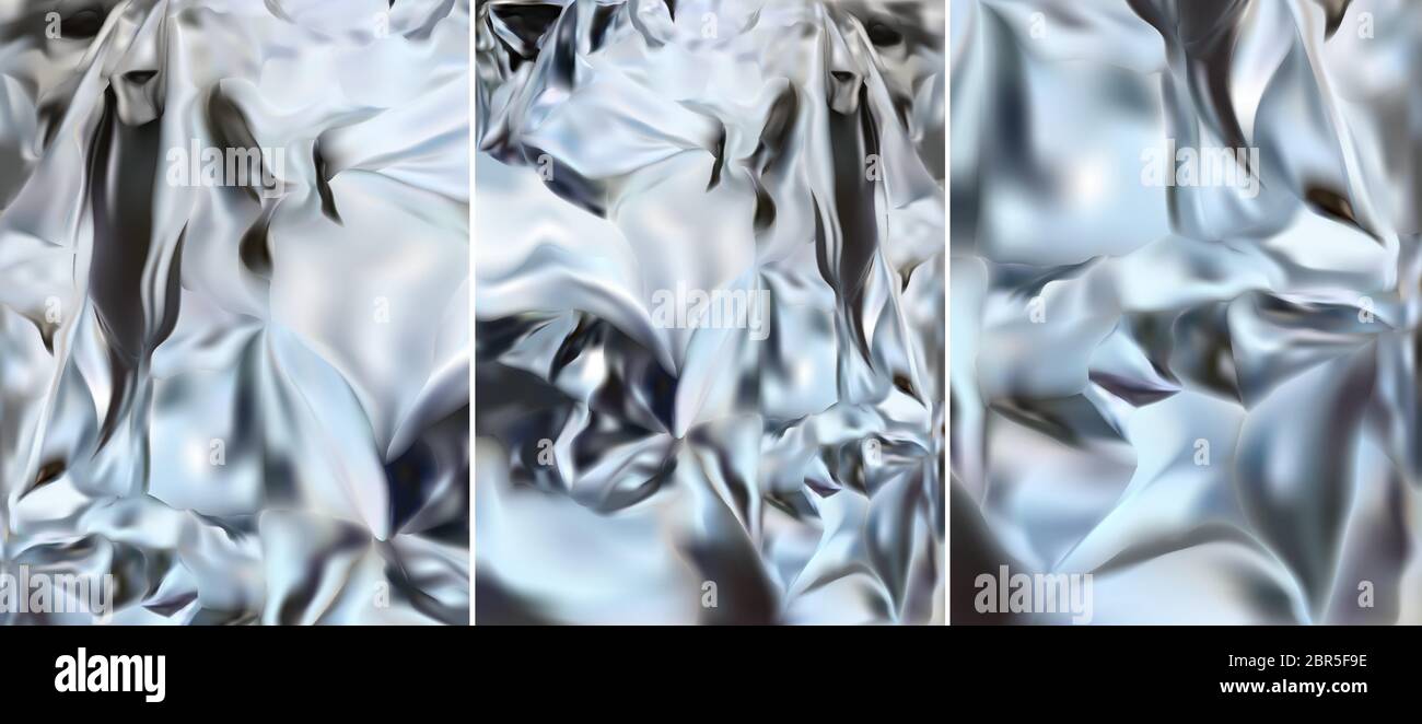 Lamina di argento. 3d realistico argento texture, argento lucido, metallo.tre diversi alluminio argento foglio. Impostare l'illustrazione del vettore. Illustrazione Vettoriale