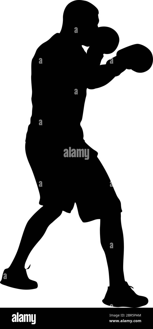 Silhouette nera di un atleta boxer su uno sfondo bianco. Illustrazione Vettoriale