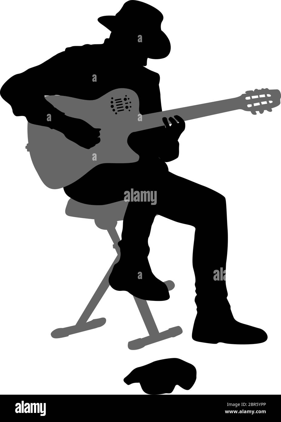 Silhouette musicista suona la chitarra su uno sfondo bianco. Illustrazione Vettoriale
