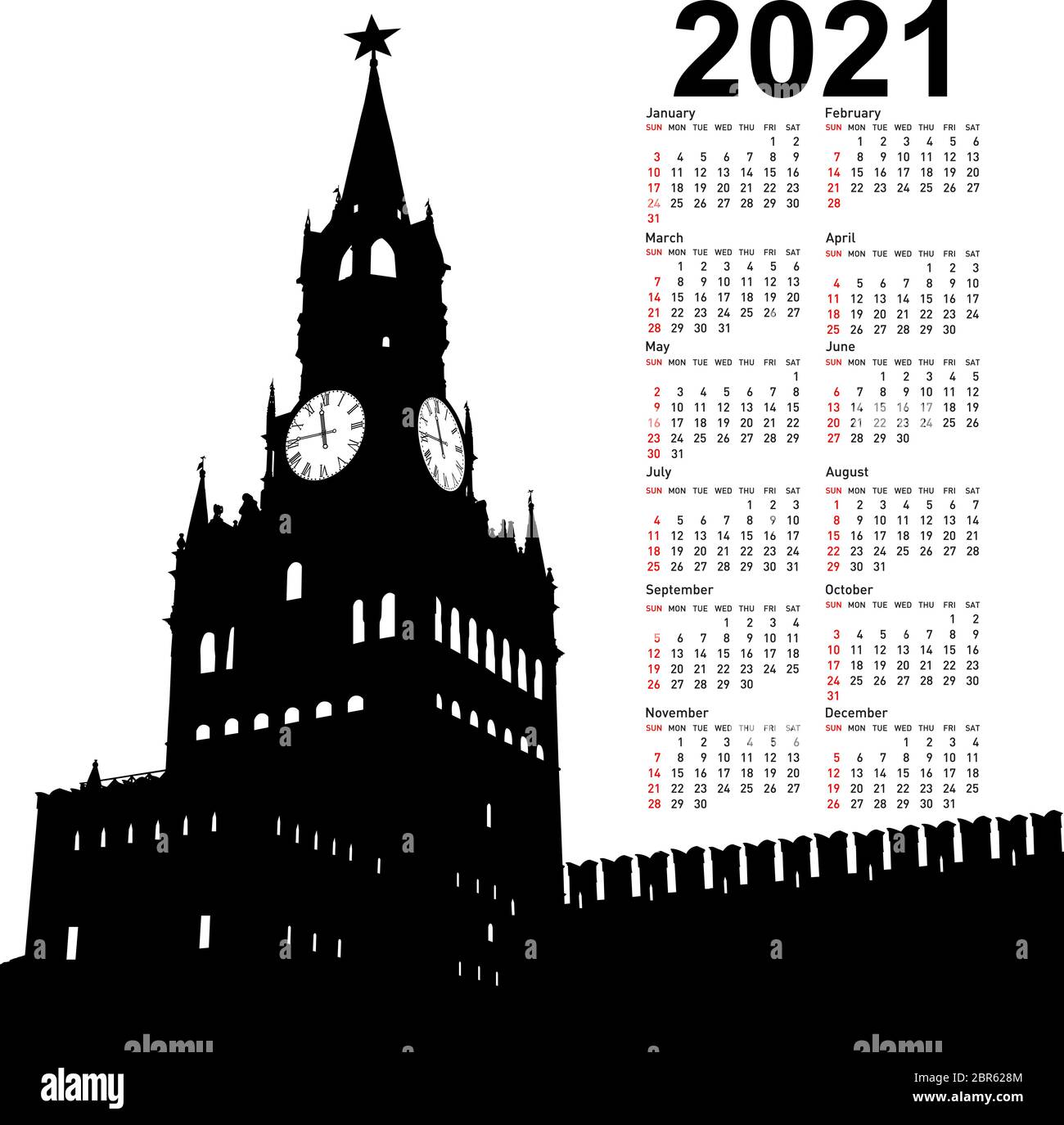 Calendario elegante con Mosca, Russia, Cremlino Spasskaya Tower con orologio per 2021. Illustrazione Vettoriale