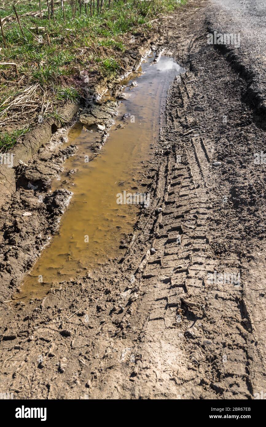 Via fangoso di pneumatici vettura segni sul terreno. Ideale per concetti Foto Stock
