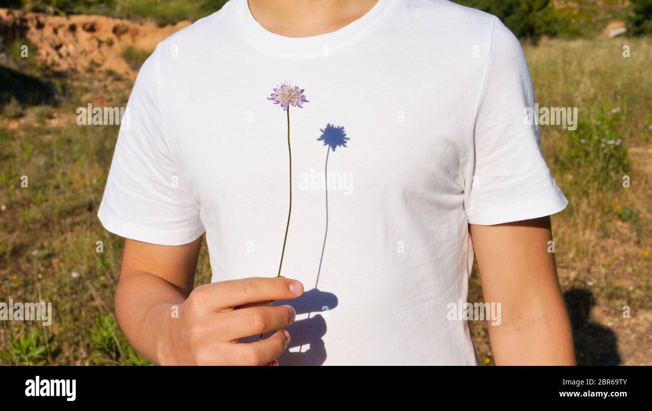 Ragazzo adolescente che tiene la pianta viola selvaggia vicino a forte ombra Foto Stock