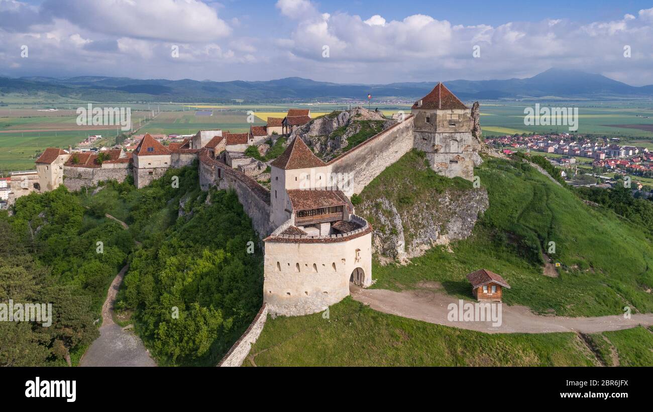 Vista aerea della fortezza Rasnov. Brasov, Transilvania, Romania Foto Stock