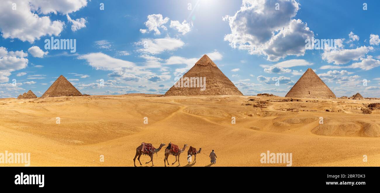 Panorama di Giza con le piramidi, cammelli e del beduino. Foto Stock