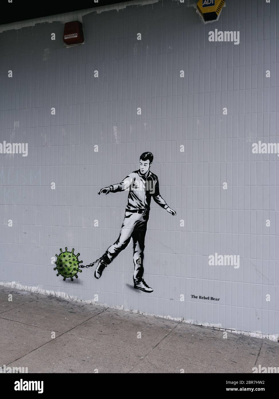 Un nuovo murale dell'artista di strada 'l'orso ribelle' che mostra un uomo incatenato a una molecola di virus, in strade vuote nel centro di Glasgow, evidenziando le linee guida di allontanamento sociale e gli avvisi 'a casa' dovrebbero essere rispettati durante il blocco pandemico di Coronavirus. Foto Stock