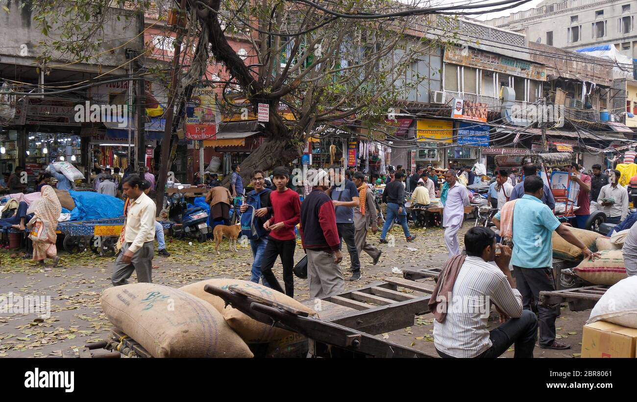 DELHI, INDIA - 14 MARZO 2019: Ampia vista di parte del mercato delle spezie a chandni chowk nella vecchia delhi, india Foto Stock
