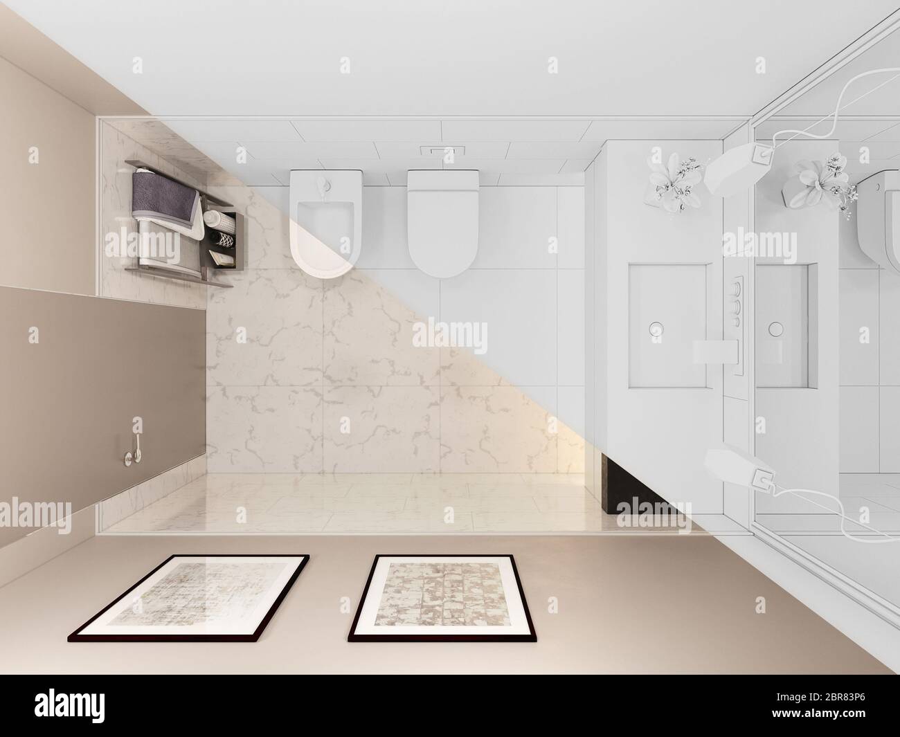 Rendering 3D, interno della toilette in un cottage privato. Illustrazione del design degli interni dei servizi igienici in stile moderno tradizionale Foto Stock