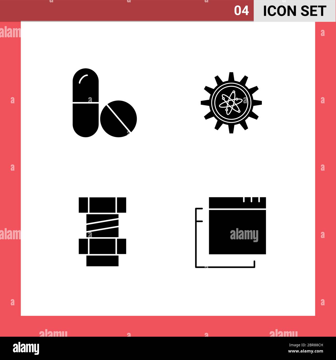 Set di pittogrammi di 4 semplici glifi solidi di medicina, ingegneria, esperimento, laboratorio, Windows elementi di disegno vettoriale editabili Illustrazione Vettoriale
