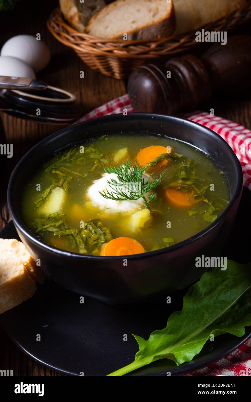 Rustikal Sorrel minestra di patate e crema di latte Foto Stock