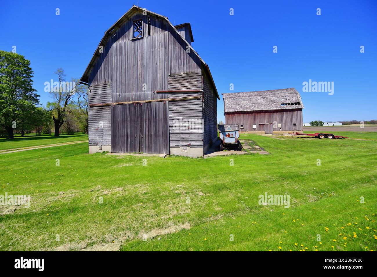 Somonauk, Illinois, Stati Uniti. I fienili stagni, veterano di molte stagioni, siedono all'interno di un campo in una fattoria nel nord-est dell'Illinois. Foto Stock