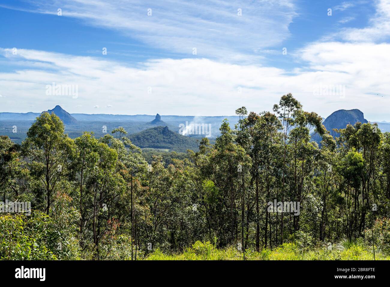 Vista di alcune montagne della casa di vetro Mountains National Park, da sinistra a destra il Monte Beerwah, Mount Coonowrin, Mount Tibberoowuccum e Monte T Foto Stock