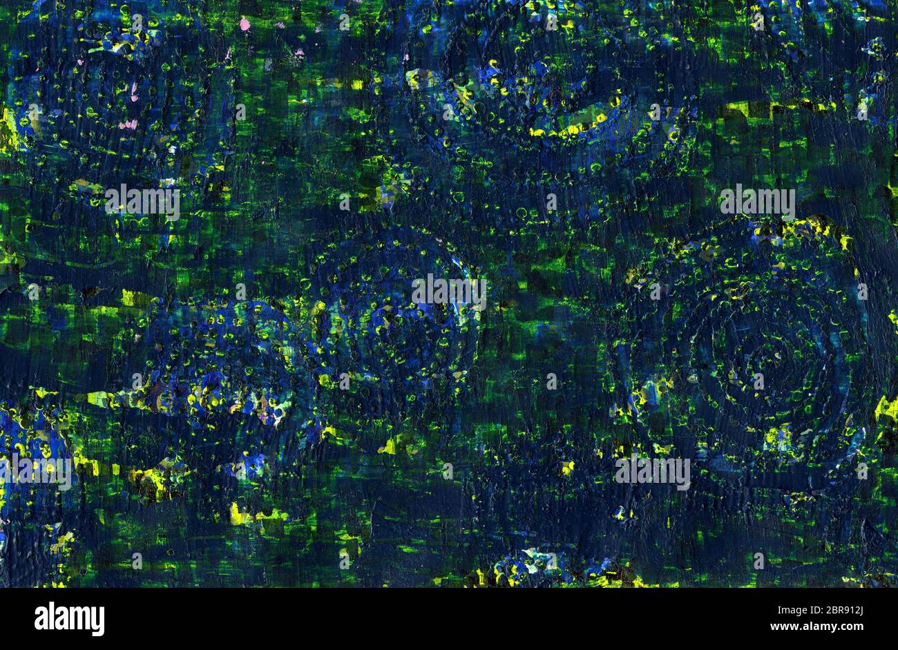 Abstract sfondo blu scuro. Grunge texture con graffi, punti e linee, cerchi concentrici. Blu, nero, verde, giallo tratti e macchie. Textu Foto Stock