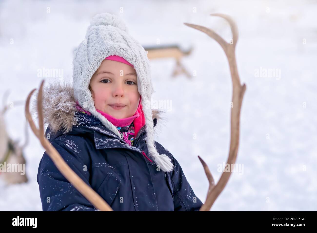 Ritratto di una bella ragazza in una calda giacca invernale alimentando le renne in inverno, regione di Tromso, Norvegia settentrionale Foto Stock