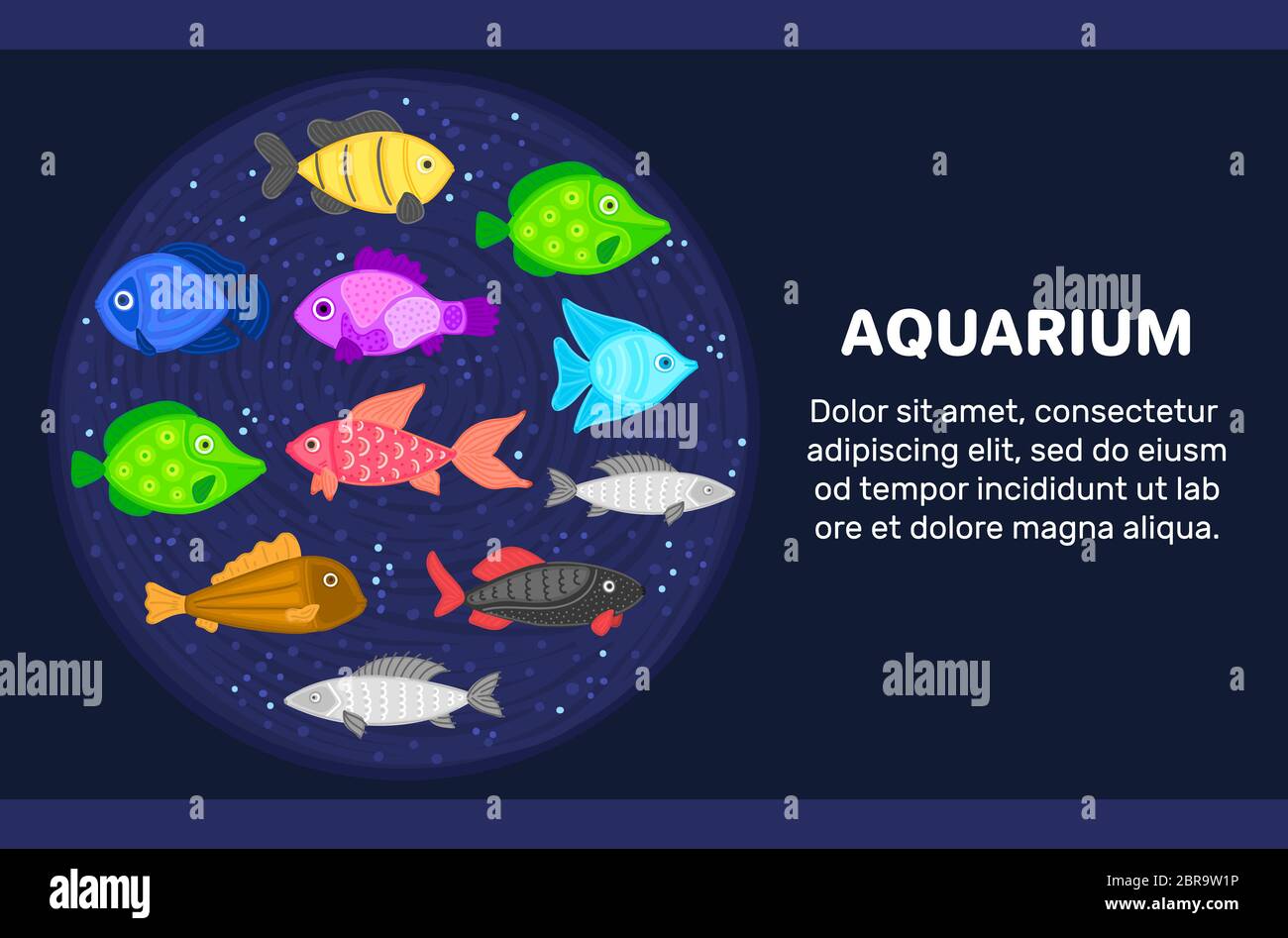 Vettore colorato cartoon pesce in forma circolare. Mondo sottomarino. Acquario. Vita marina carina. Pesci. Brochure, volantino, etichetta, copertina, poster, banner, pac Foto Stock