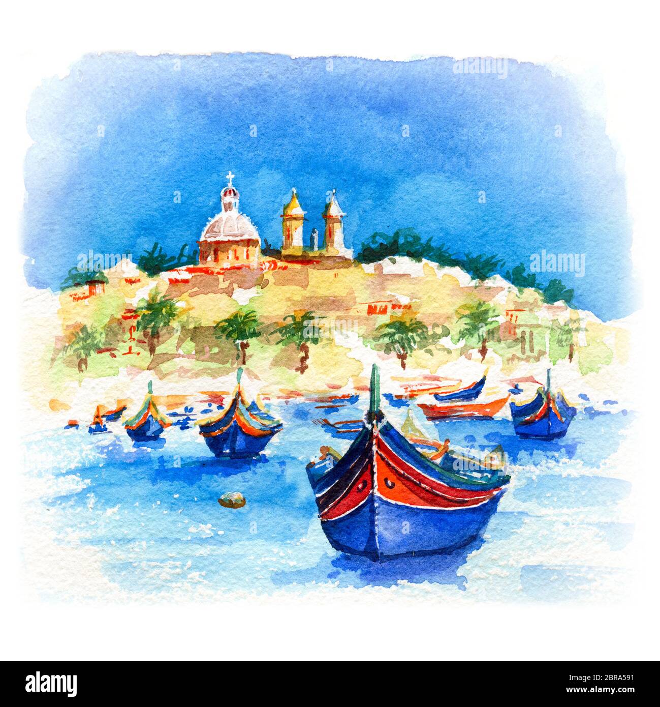 Disegno ad acquerello del tradizionale eyed barche colorate Luzzu e chiesa nel porto del villaggio di pescatori del Mediterraneo Marsaxlokk, Malta Foto Stock