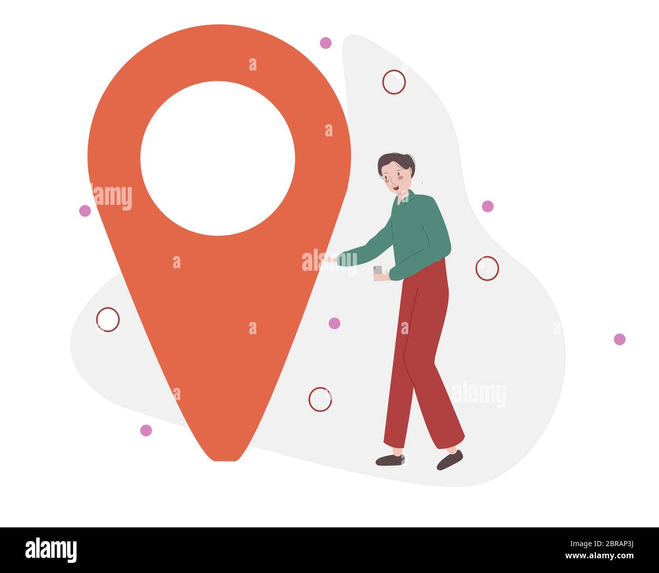 Uomo utilizza lo smartphone per trovare la posizione nell'applicazione mappa. Illustrazione vettoriale moderna piatta cartoon. Illustrazione Vettoriale