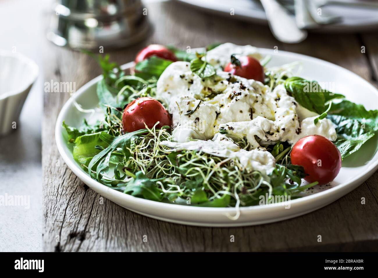 Burrata con pomodorini e di germogli alfalfa insalata Foto Stock