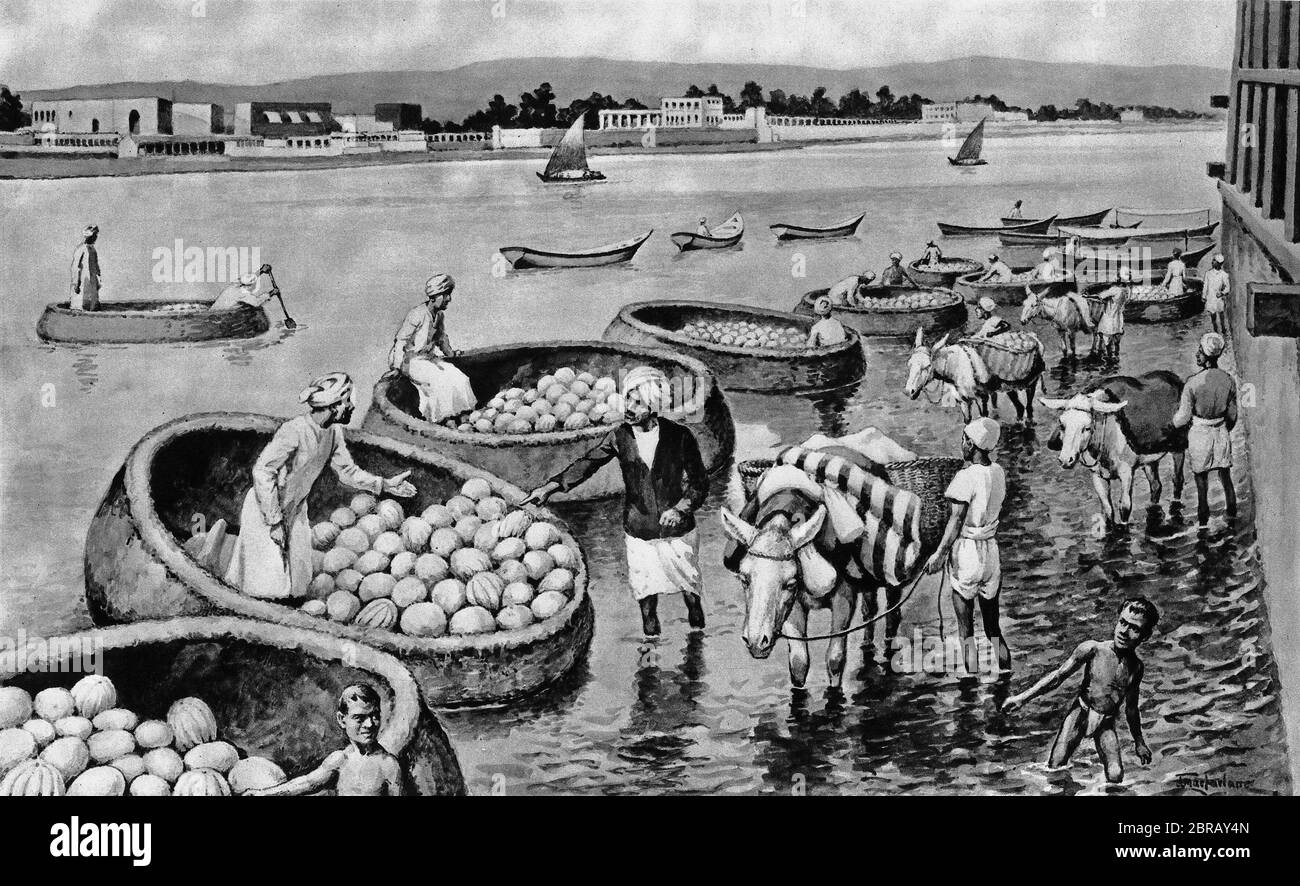 Illustrazione di imbarcazioni primitive chiamate gufas sul fiume Tigris, da un insieme di manifesti scolastici utilizzati per studi sociali, c 1930 Foto Stock