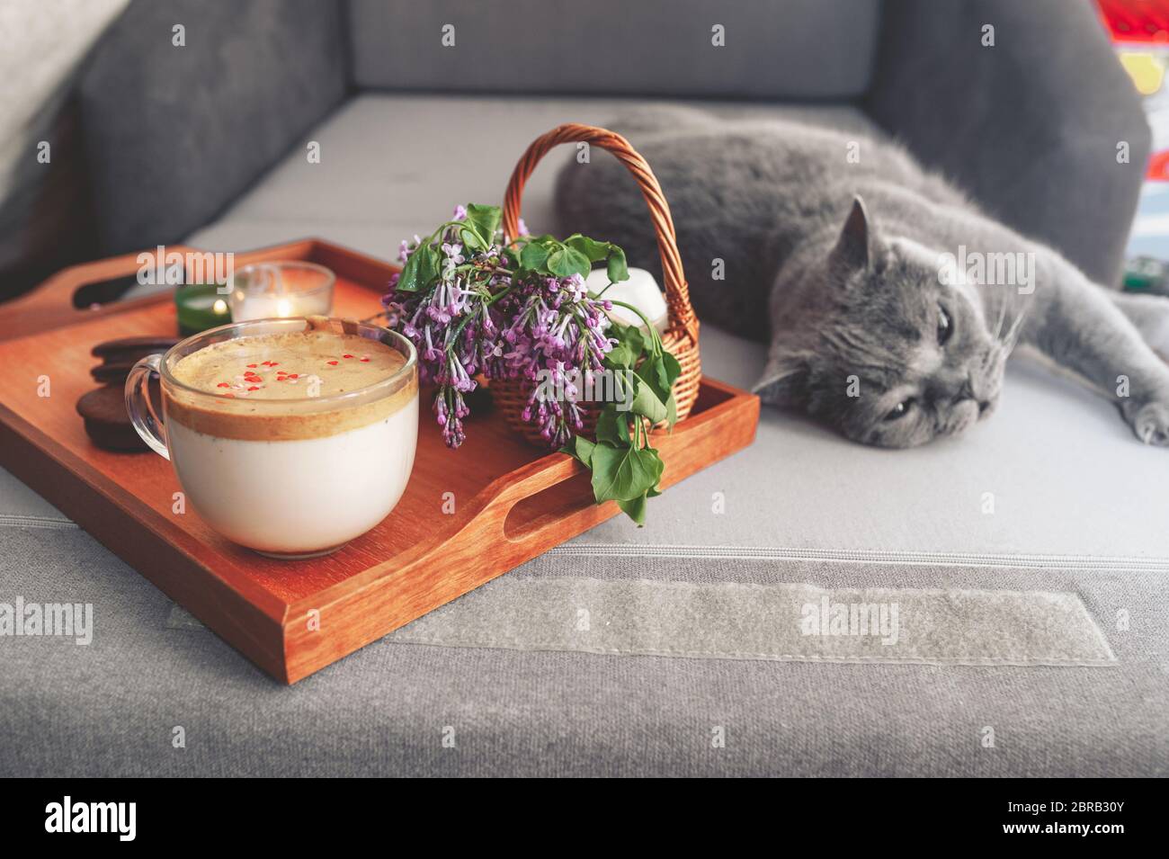 Colazione a letto con caffè dalgona, biscotti al cioccolato e un profumo fresco e lussureggiante di lilla viola in un cesto di vimini, divano grigio e capelli corti grigi Foto Stock