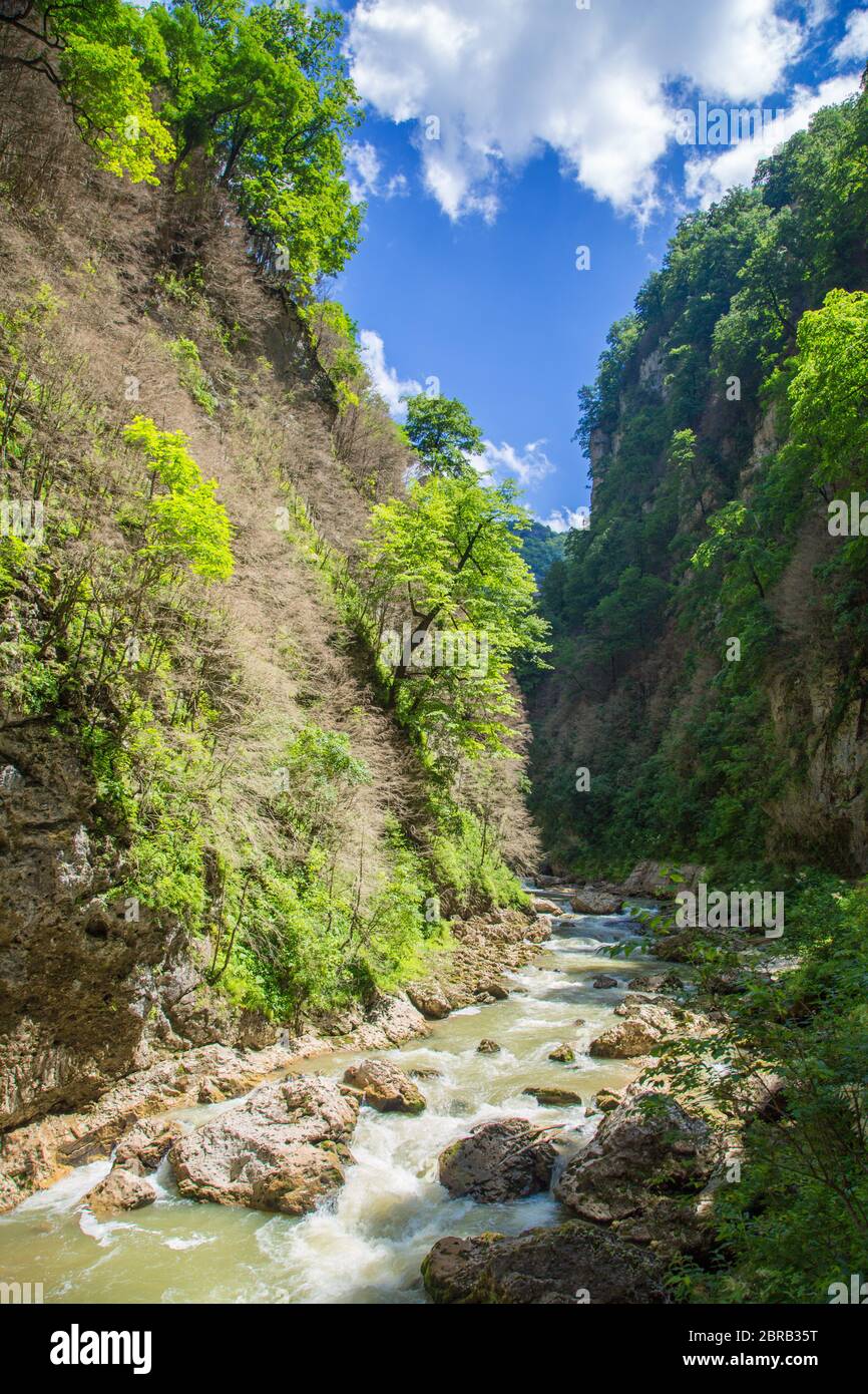 Splendido sfondo avventuroso. Splendida vista nella regione di Krasnodar, Russia. Alberi e montani sul lato. Messa a fuoco morbida. Foto Stock